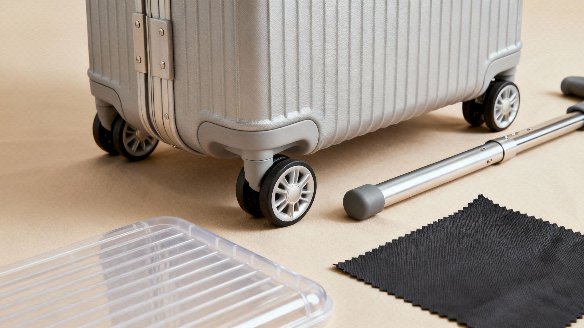 A close-up of a silver ribbed hardshell rolling suitcase on a beige background, with its telescoping handle and a clear plastic cover.