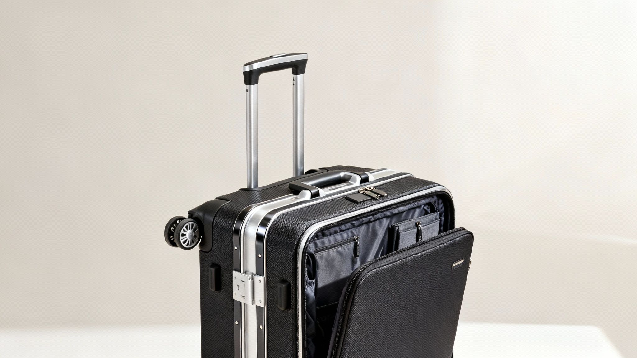 A sophisticated black luxury suitcase with an open front compartment and extended handle.