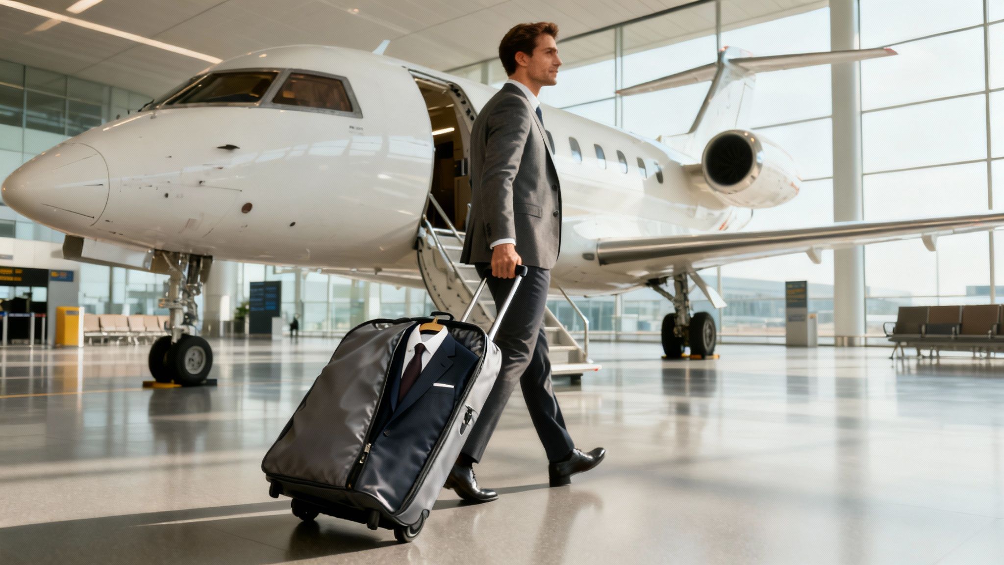 A businessman in a suit walks with a rolling garment bag next to a private jet.