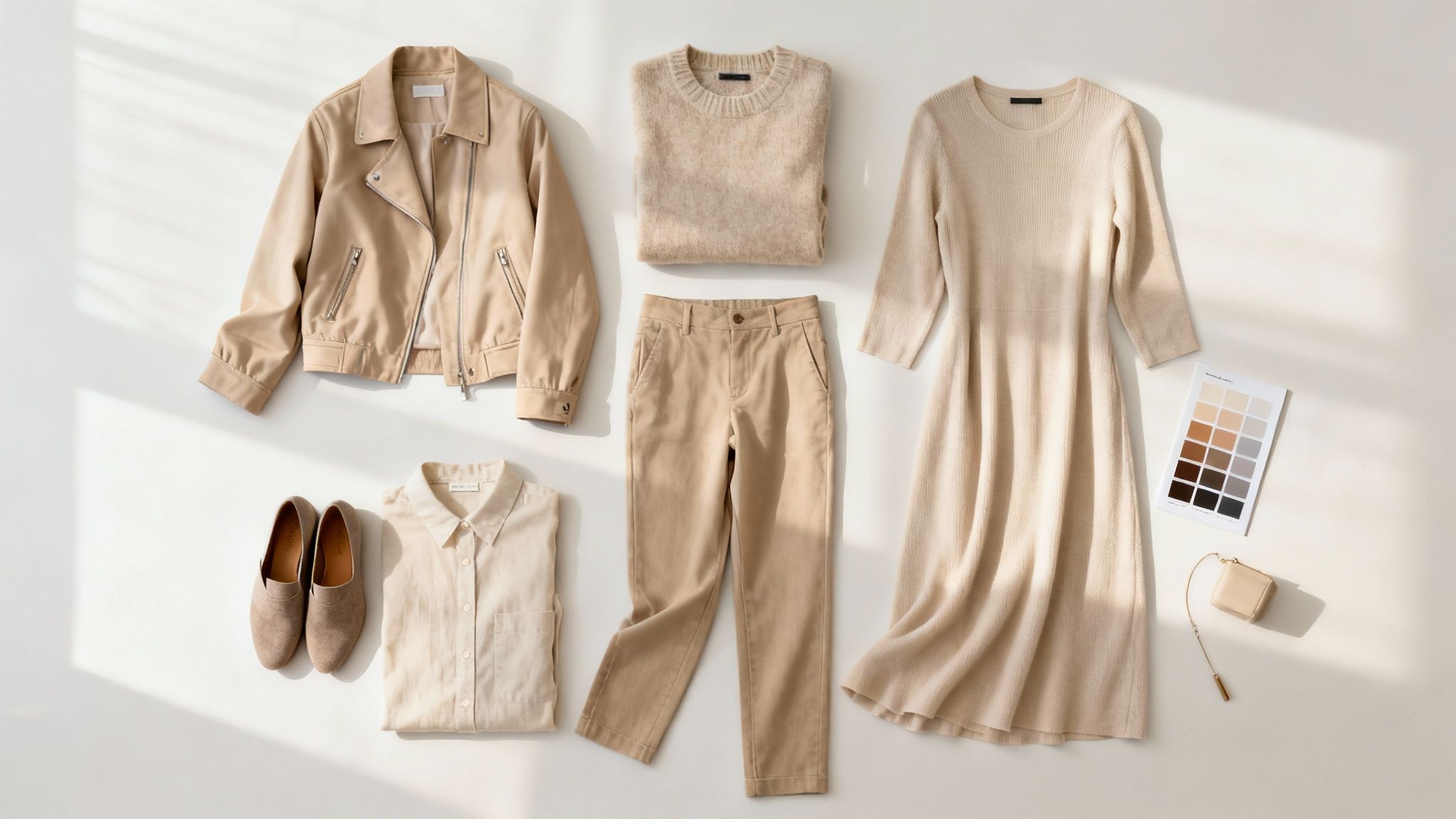 A stylish flat lay of beige and neutral-toned women's clothing, shoes, and accessories, perfect for travel.