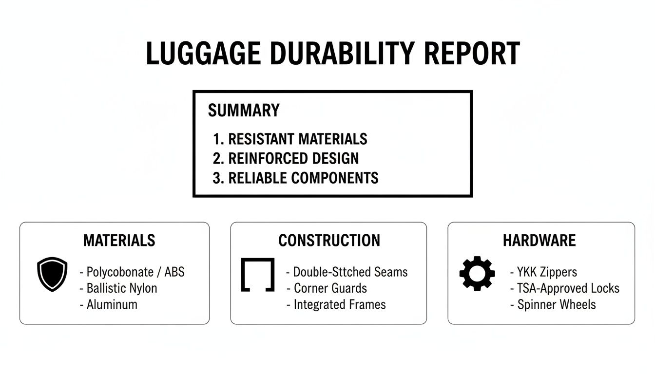 A luggage durability report detailing resistant materials, reinforced construction, and reliable hardware components.