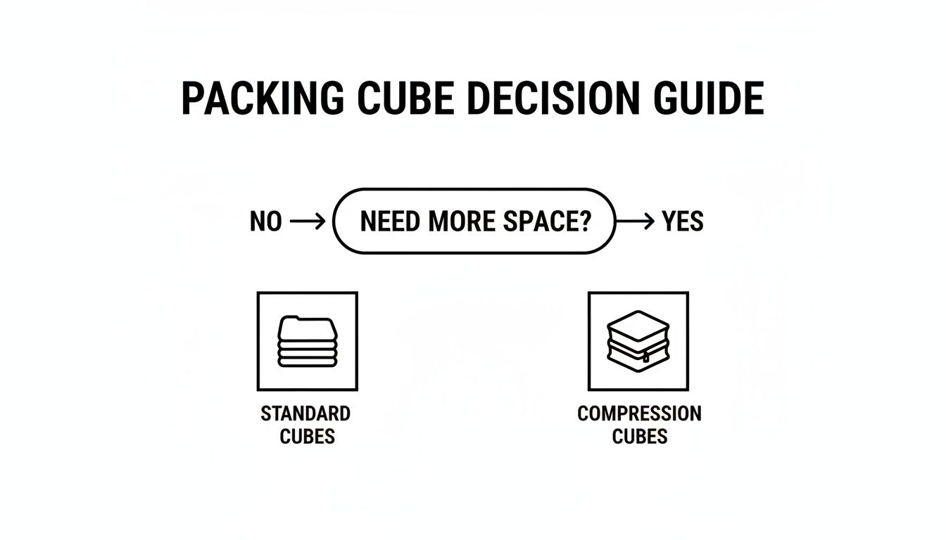 A packing cube decision guide: choose standard cubes if you don't need more space, compression cubes if you do.
