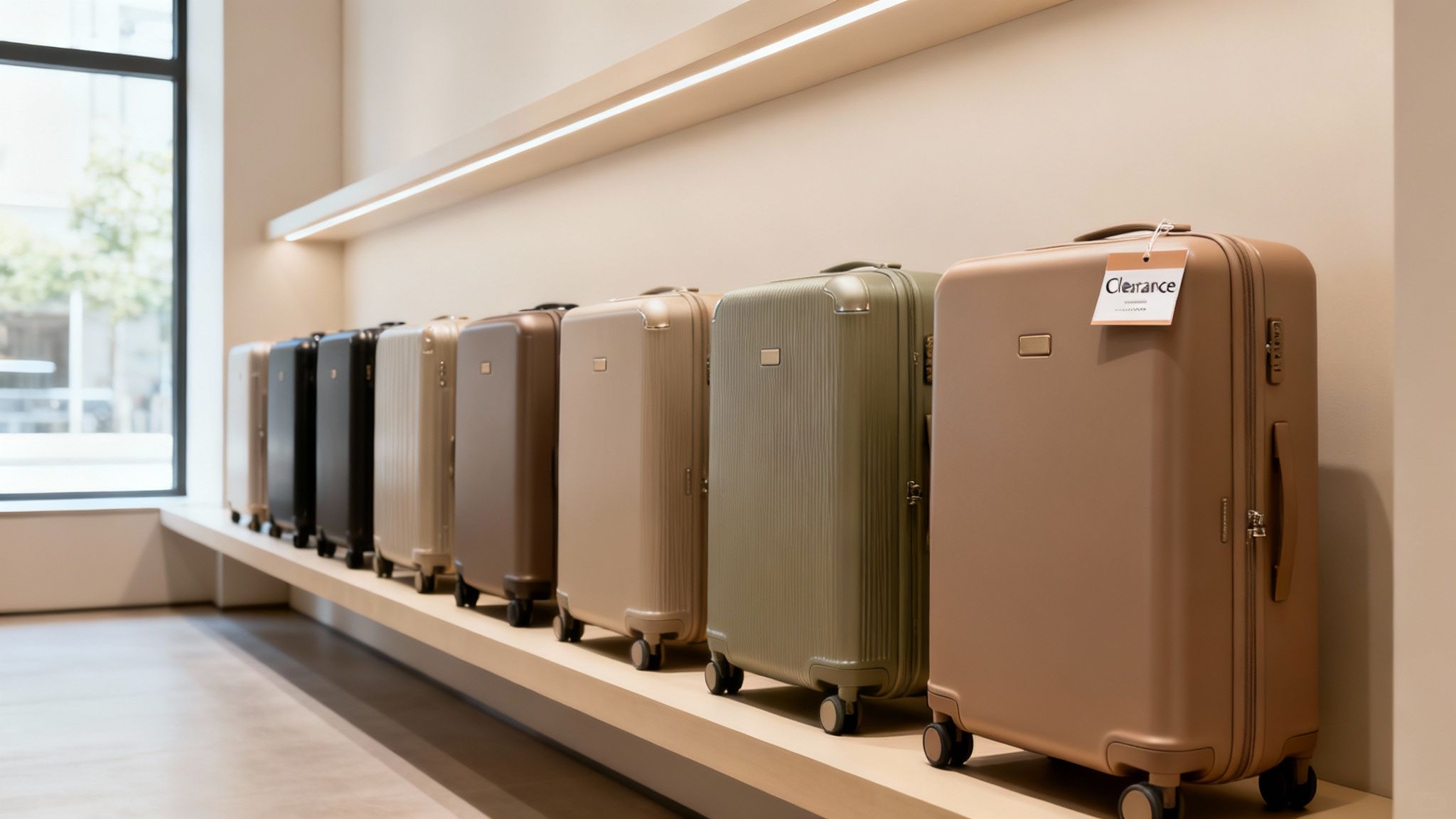 A line of hard-shell luggage in various colors displayed on a shelf, one with a 'Clearance' tag.