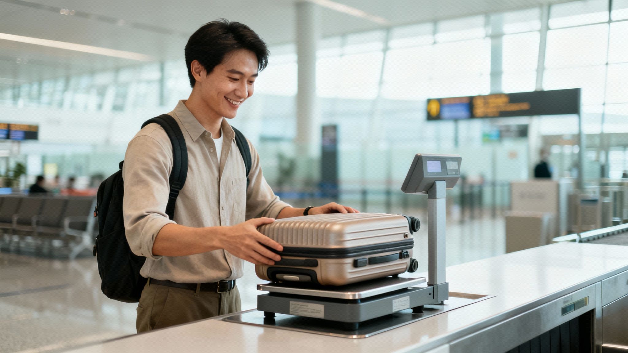 A smiling young Asian man weighs his lightweight luggage at an airport self-check-in station.
