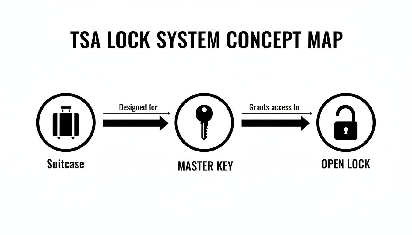 A concept map showing how a master key grants access to an open TSA lock on a suitcase.