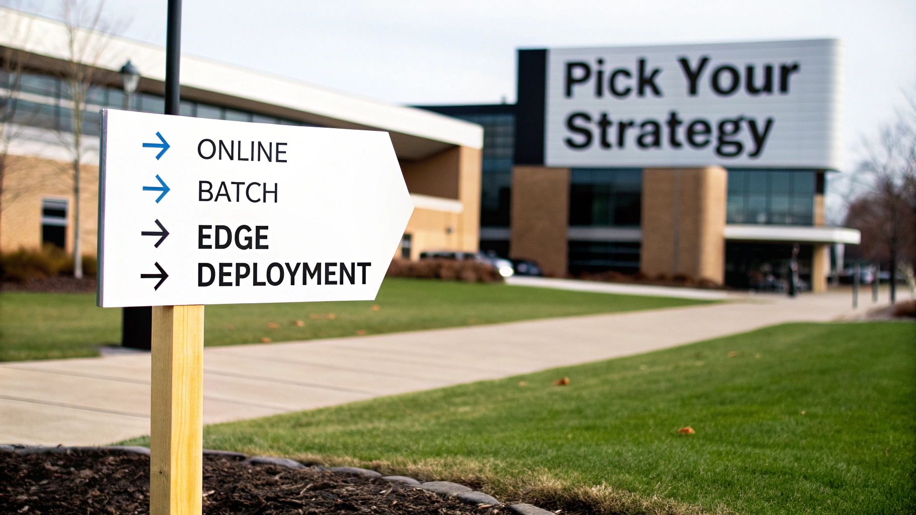 A decision tree graphic showing different paths for ML model deployment, illustrating strategic choices.