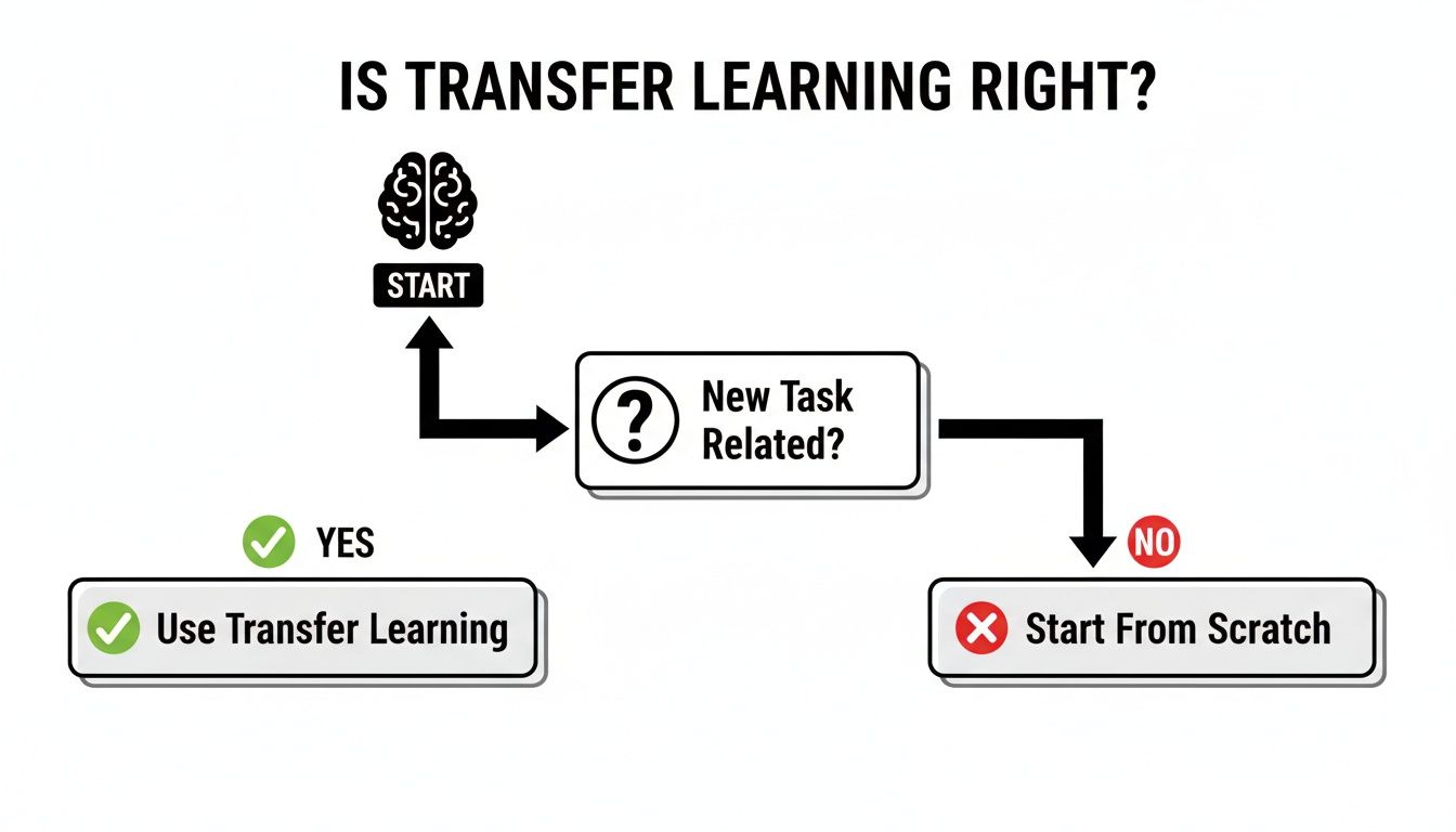 A flowchart guides users on whether to use transfer learning or start from scratch for a new task.
