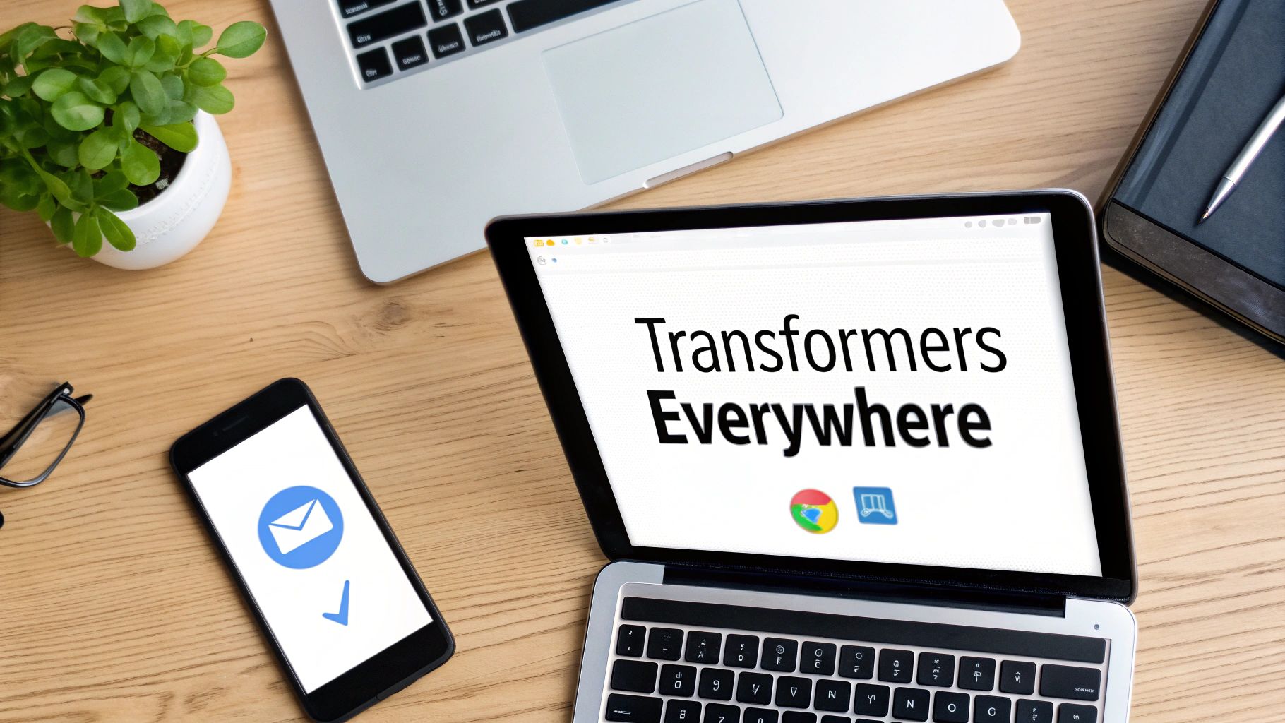 A flat lay of a modern workspace with a laptop displaying 'Transformers Everywhere', a smartphone, a plant, and glasses on a wooden desk.