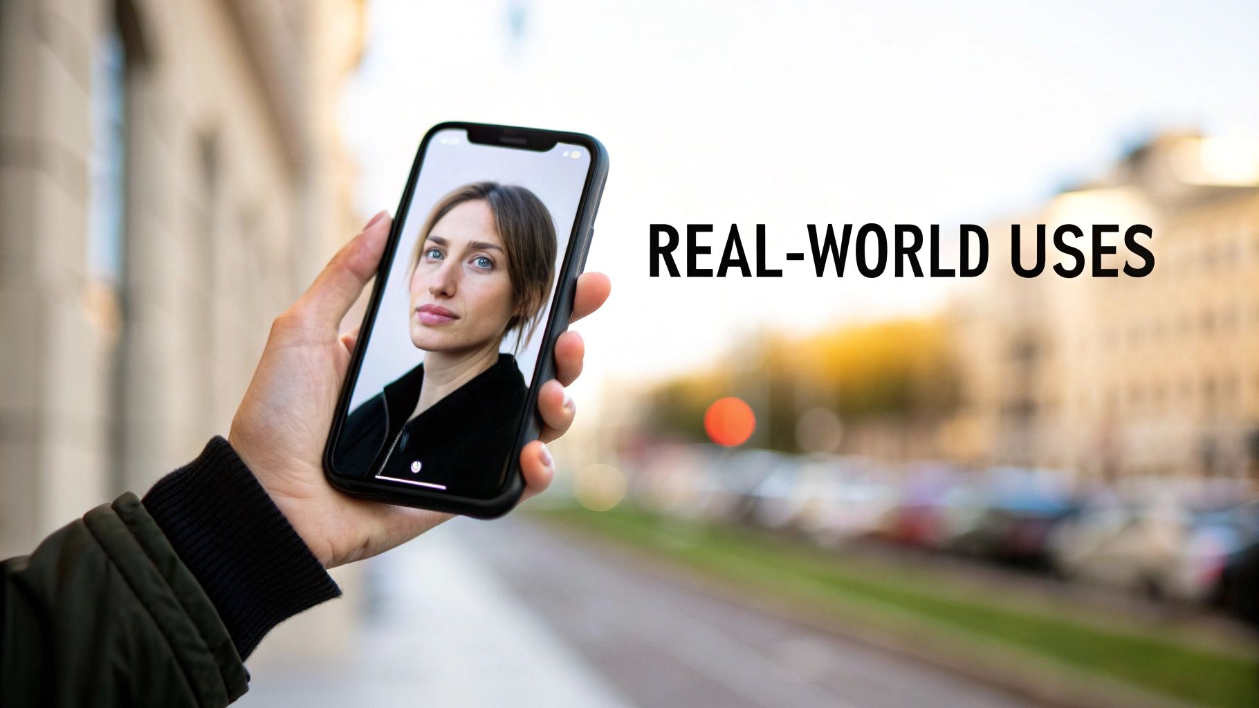A hand holds a smartphone displaying a woman's face, with 'REAL-WORLD USES' text in a blurred cityscape.