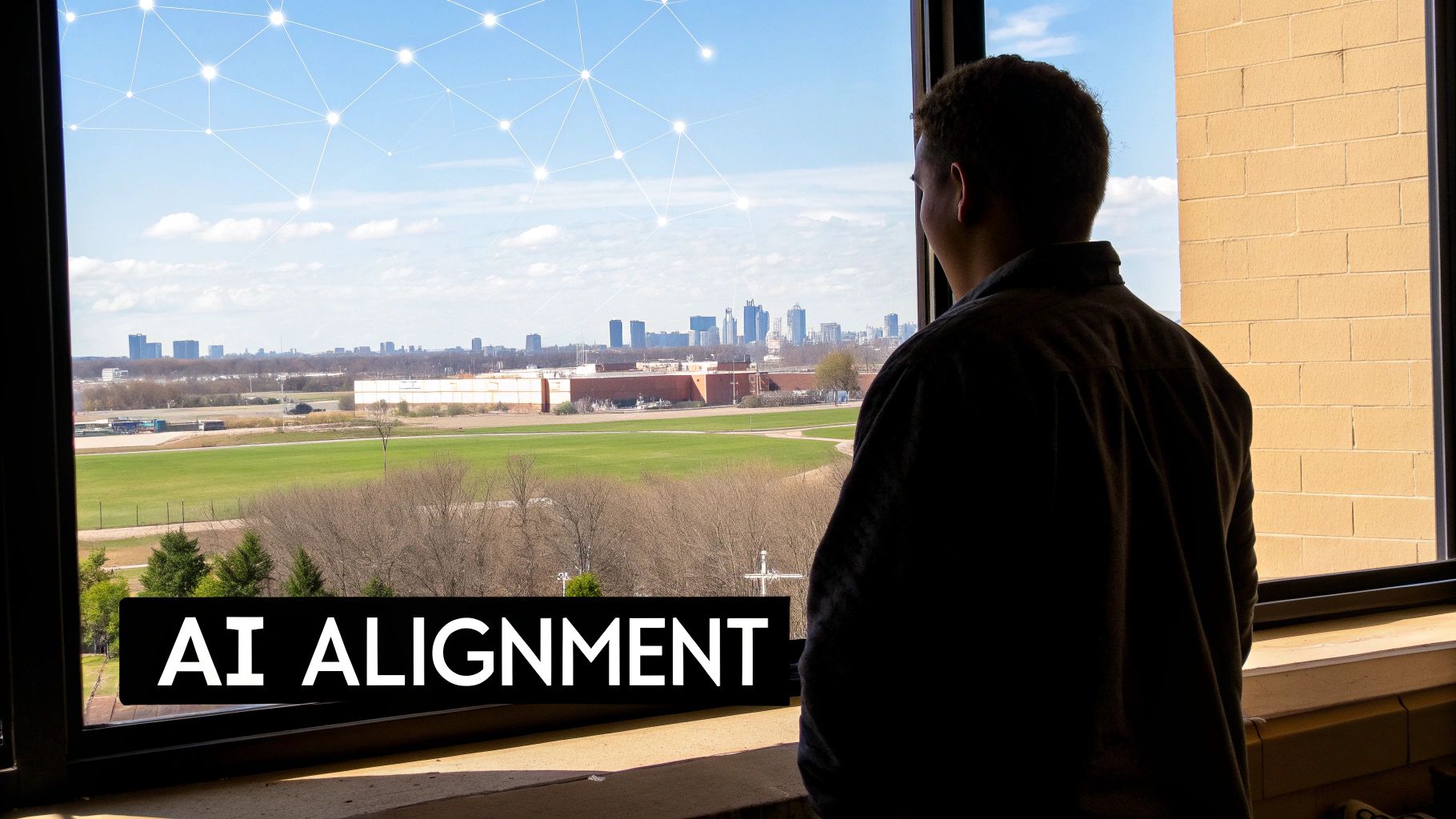 A person in silhouette looks out a window at a city skyline with an AI alignment network overlay.