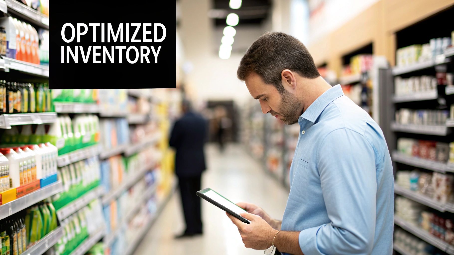 Man in a supermarket aisle uses a tablet for optimized inventory management.