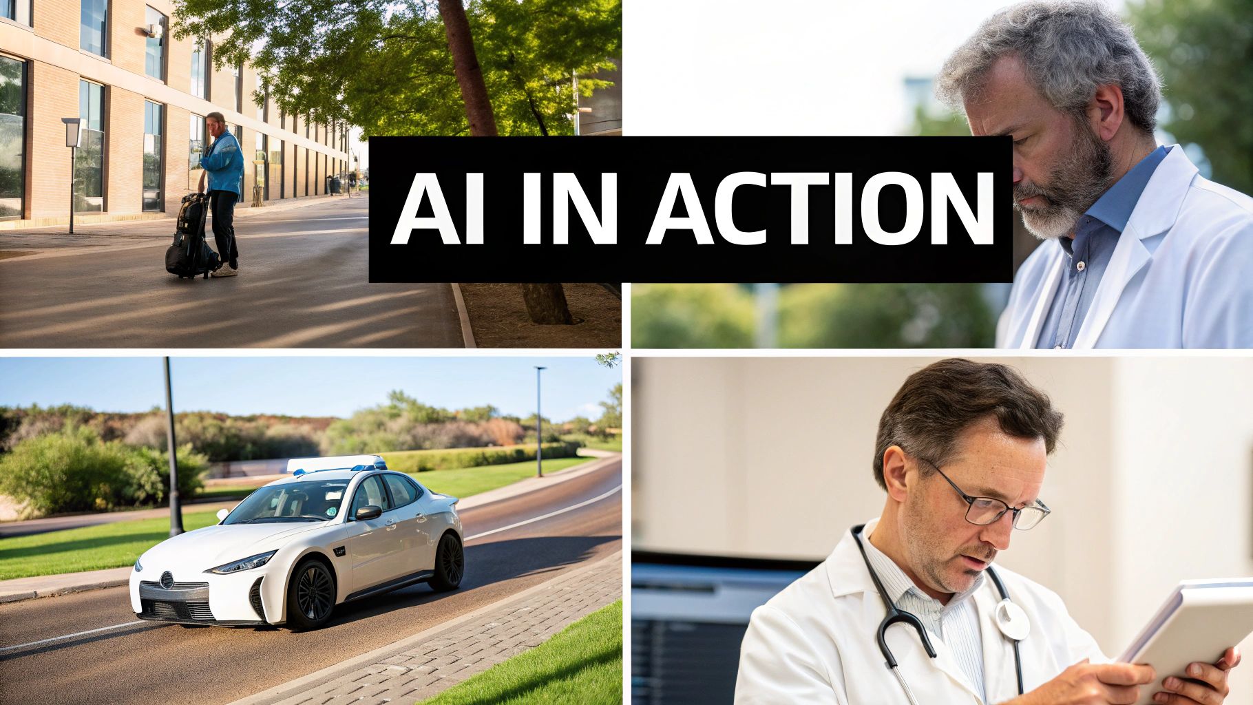 AI in action: a diverse collage showcasing doctors, a traveler, and a modern vehicle.