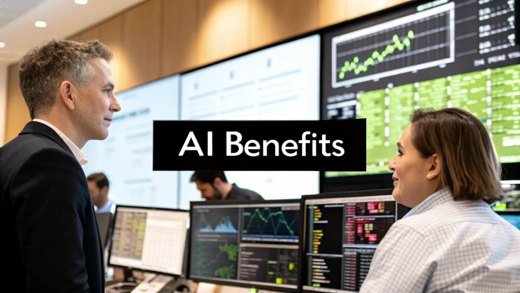 A team of business professionals collaborating around a table, mapping out ideas on a digital screen, symbolizing the process of finding AI opportunities.