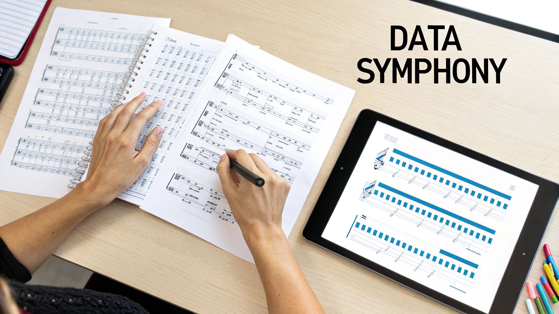 A person's hands reviewing data or scores on paper and a tablet with 'DATA SYMPHONY' text.
