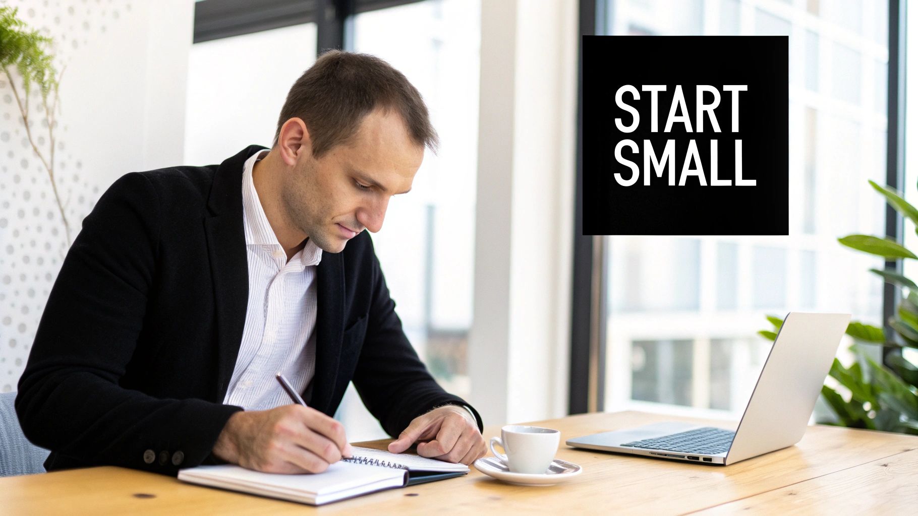 A man in a blazer writes in a notebook at a desk with a laptop, beside a 'START SMALL' sign.