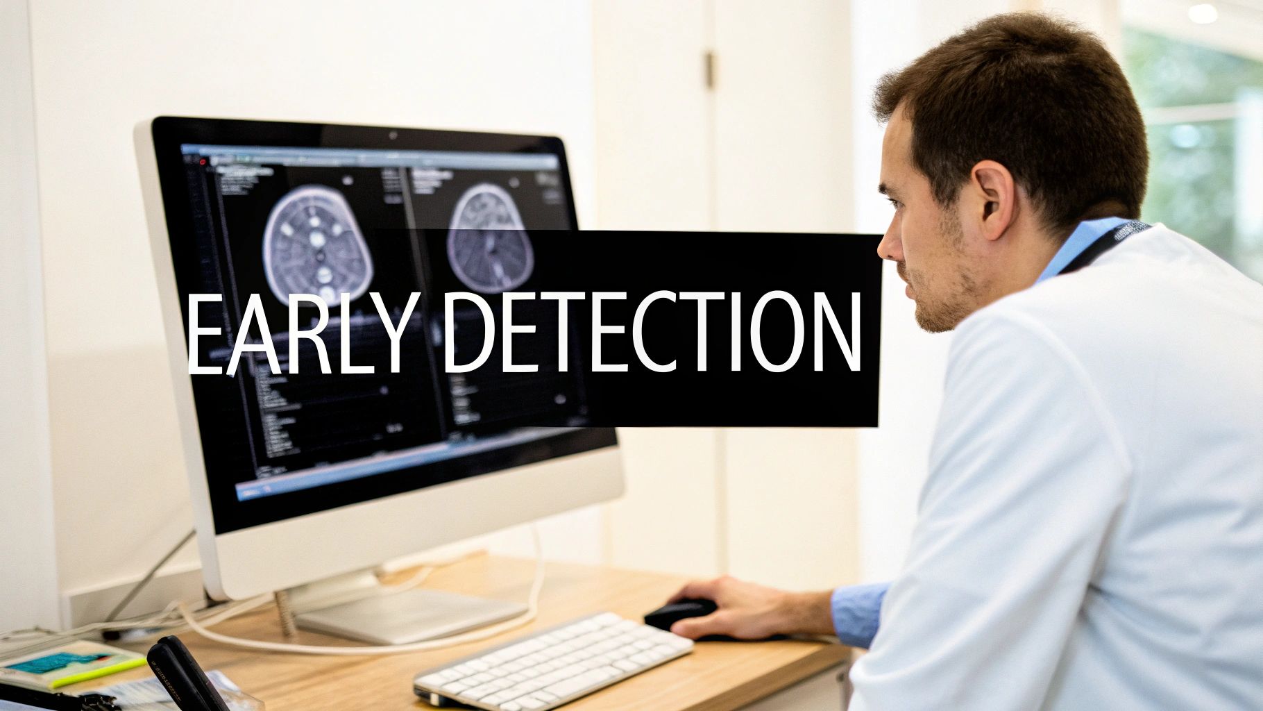 A doctor reviews medical brain scans on a computer monitor with 'EARLY DETECTION' text.