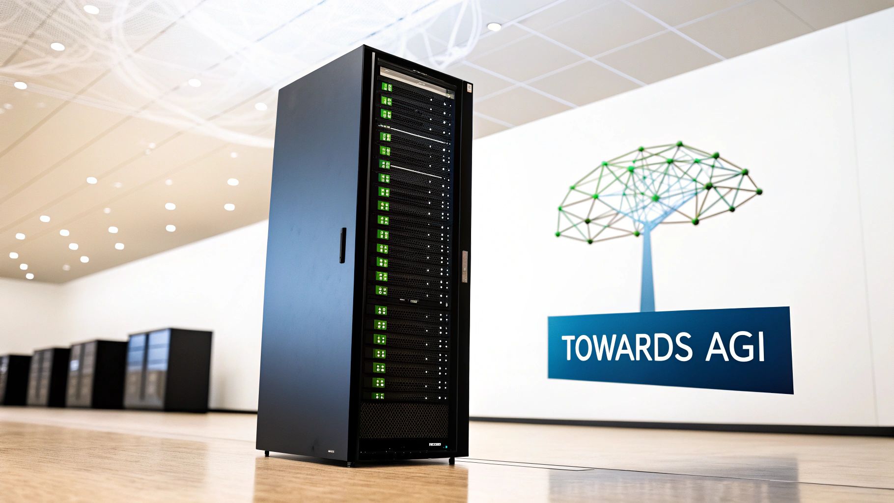 A large black server rack with green lights, representing computing power for Artificial General Intelligence.