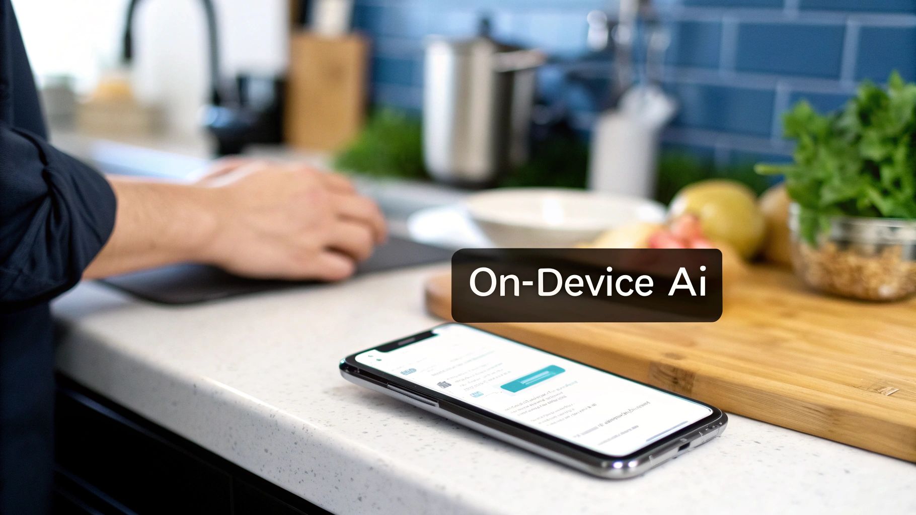 A smartphone showing content, with 'On-Device AI' overlay, on a kitchen counter, next to a person typing on a laptop.