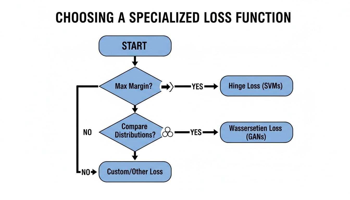 A flowchart detailing the process for selecting a specialized loss function in machine learning.