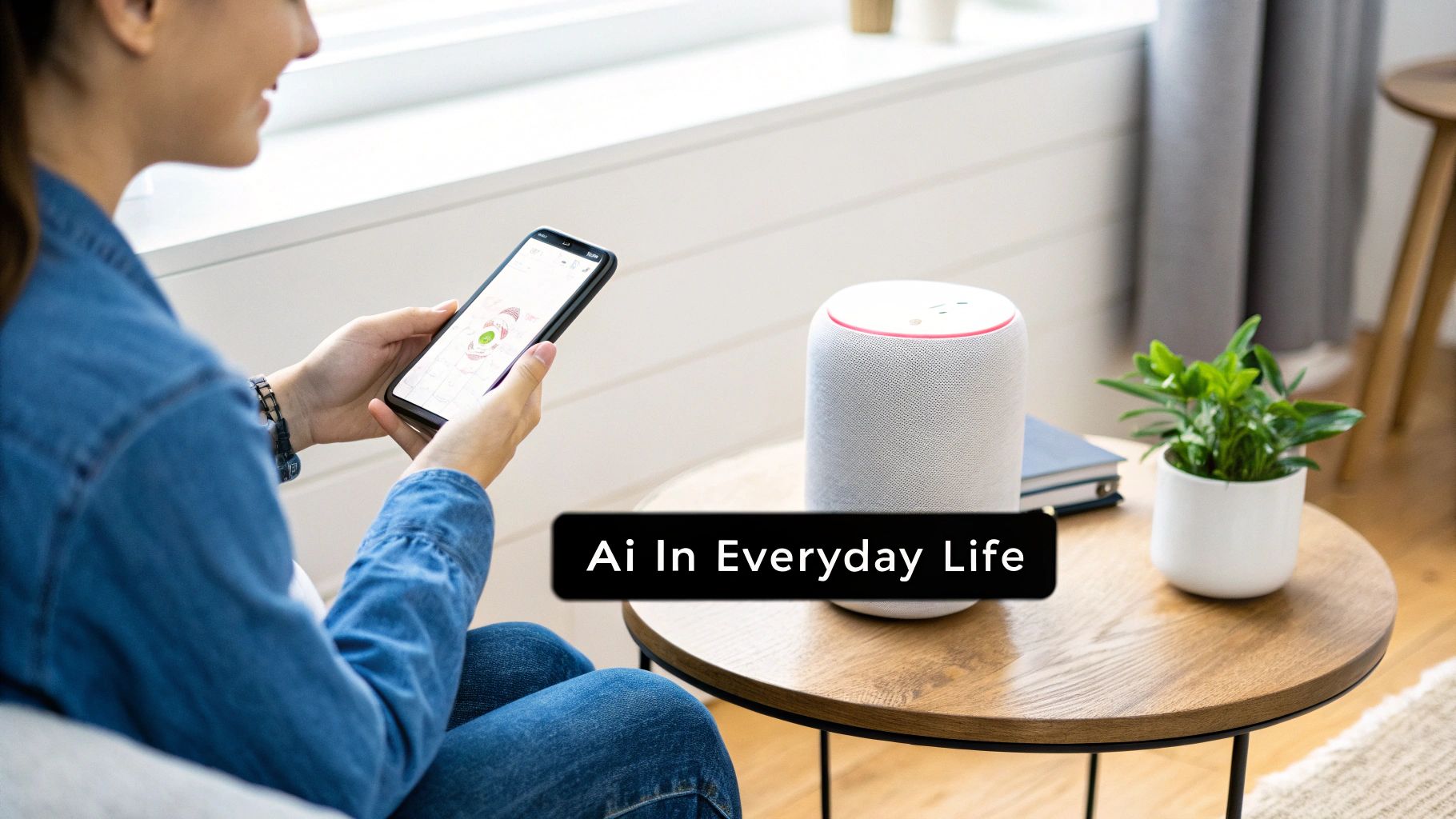 A woman uses her smartphone to interact with a smart AI speaker in a modern home.