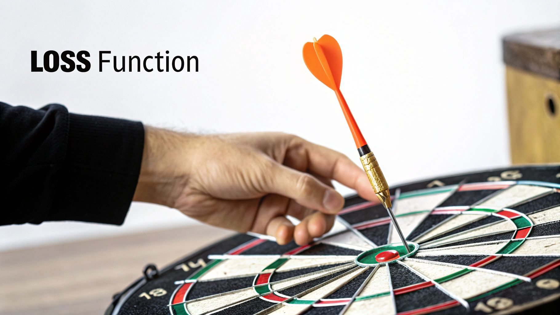 A dart hits the bullseye of a dartboard, representing the concept of 'LOSS Function'.