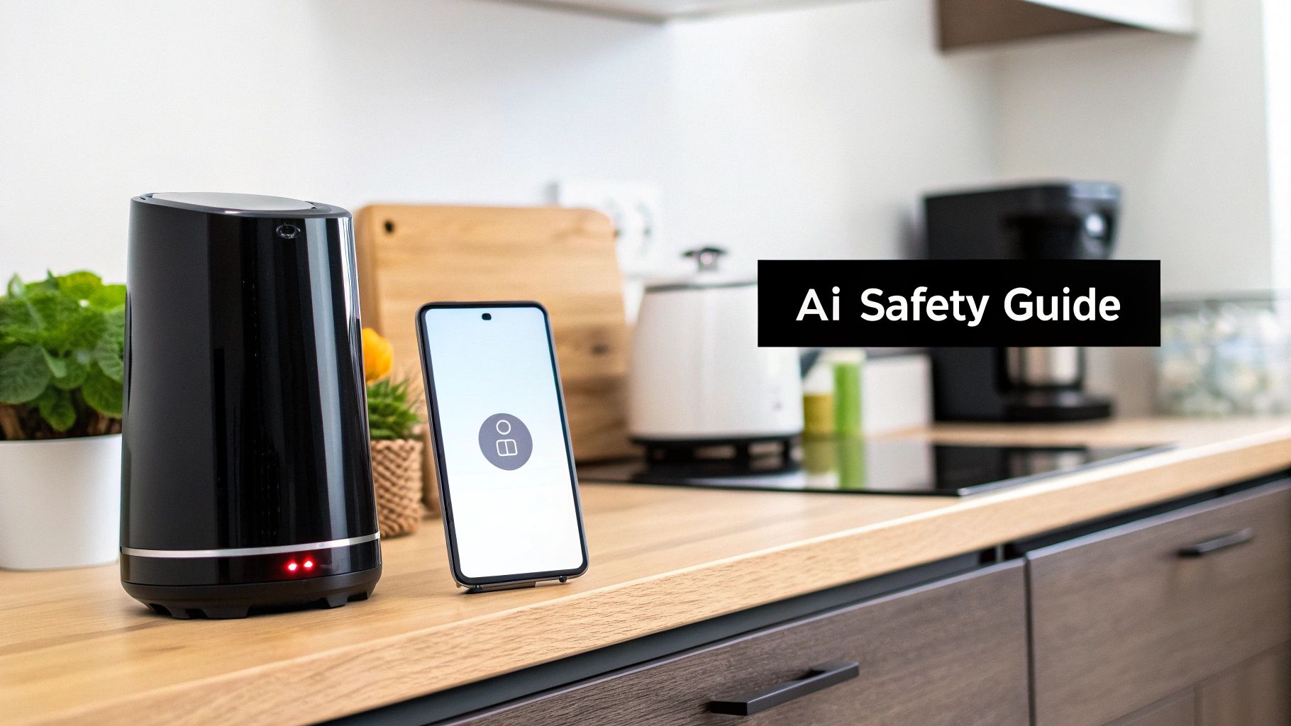 A black smart speaker and smartphone with an avatar icon on a modern kitchen counter with a coffee maker.