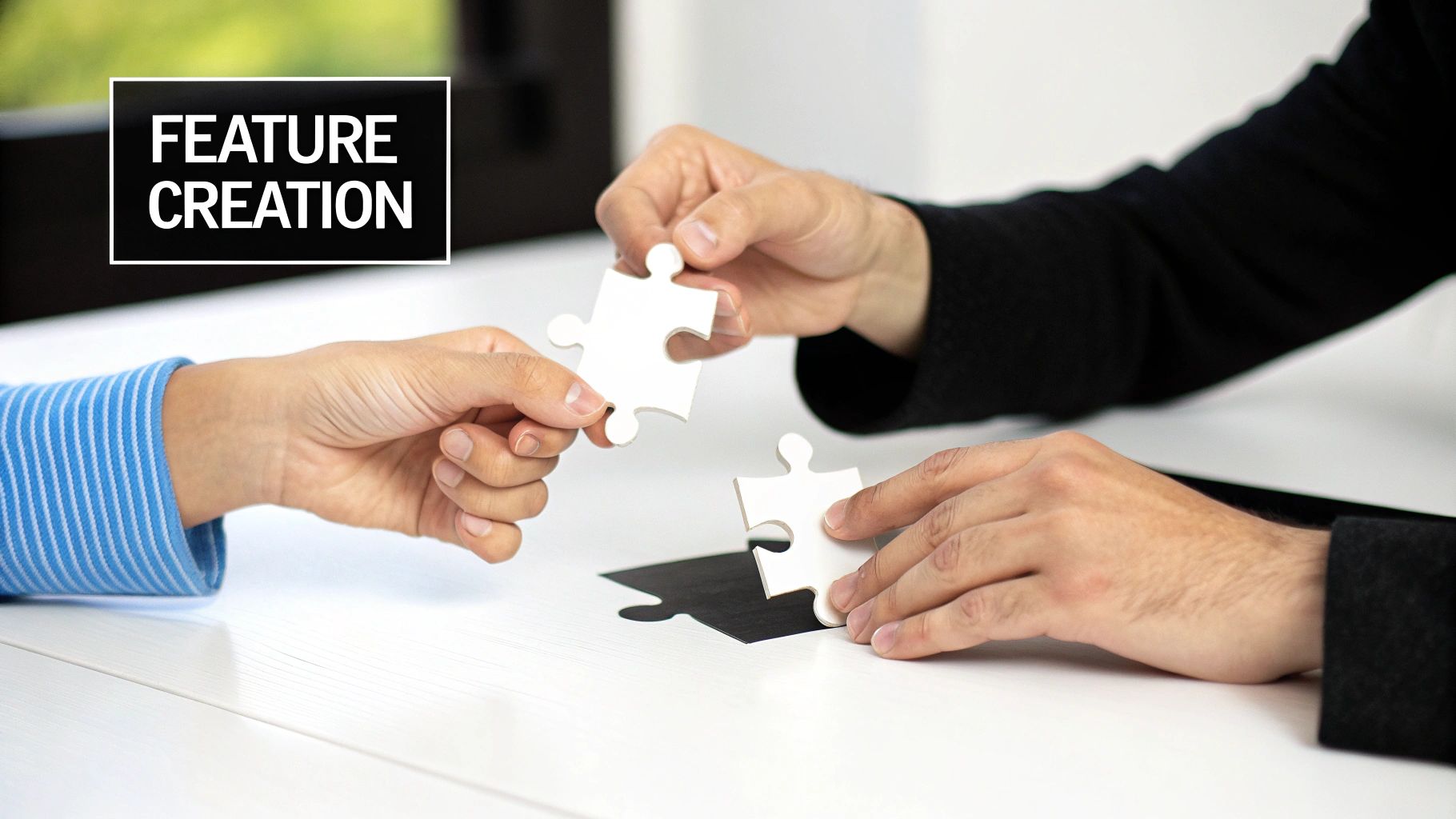 Two sets of hands collaborate to connect white jigsaw puzzle pieces on a white table, symbolizing feature creation.