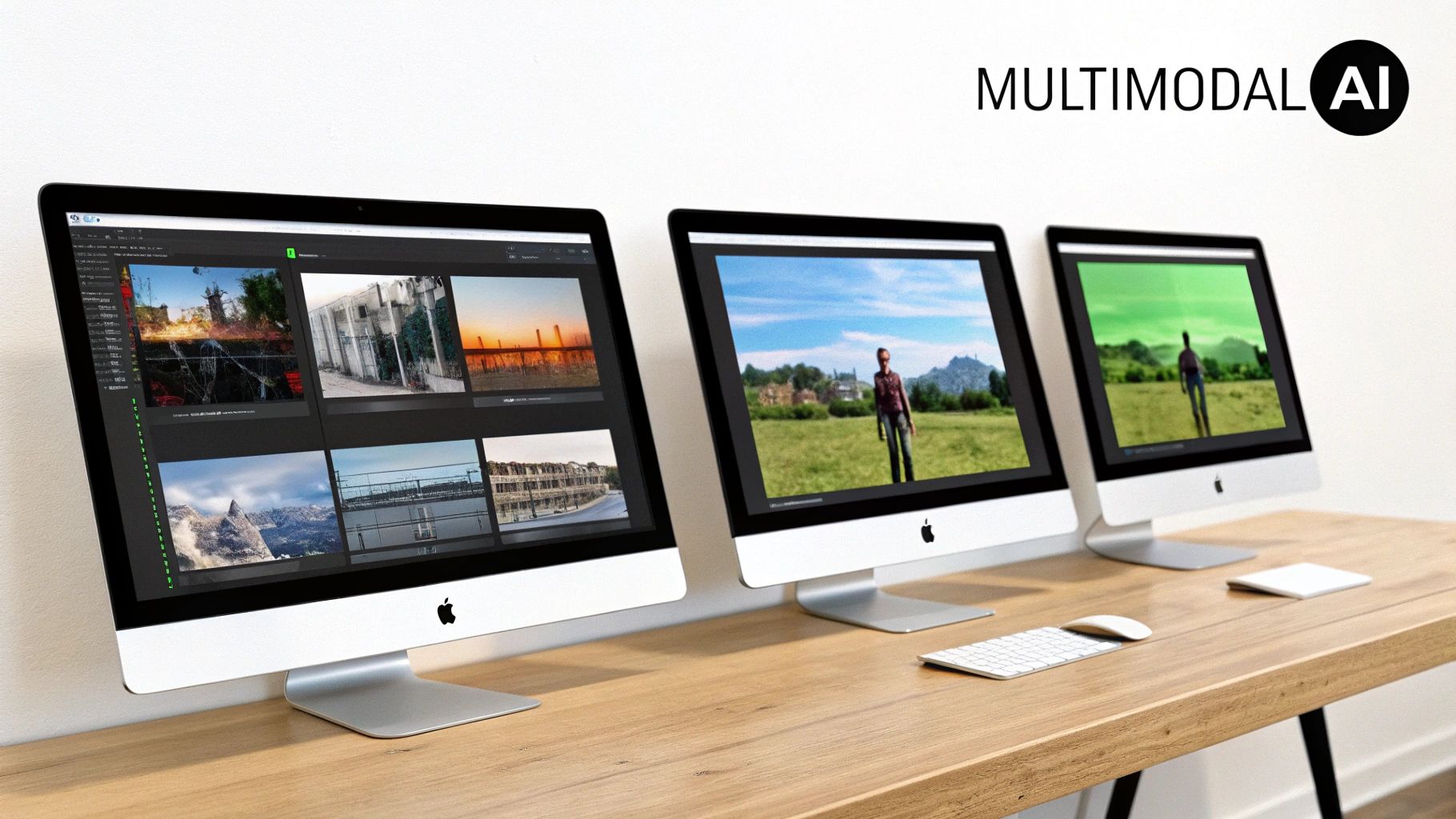 Three Apple iMac computers on a wooden desk, displaying various images and 'MULTIMODAL AI' text.