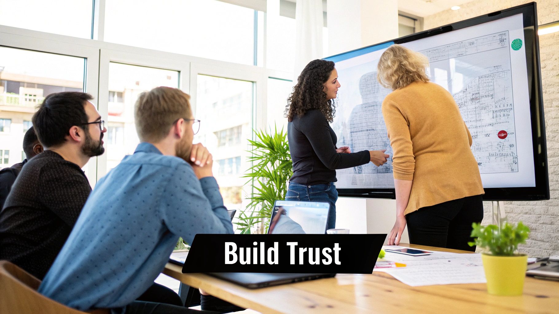 A group of colleagues engaged in a trusting conversation around a table, illustrating effective communication during change.