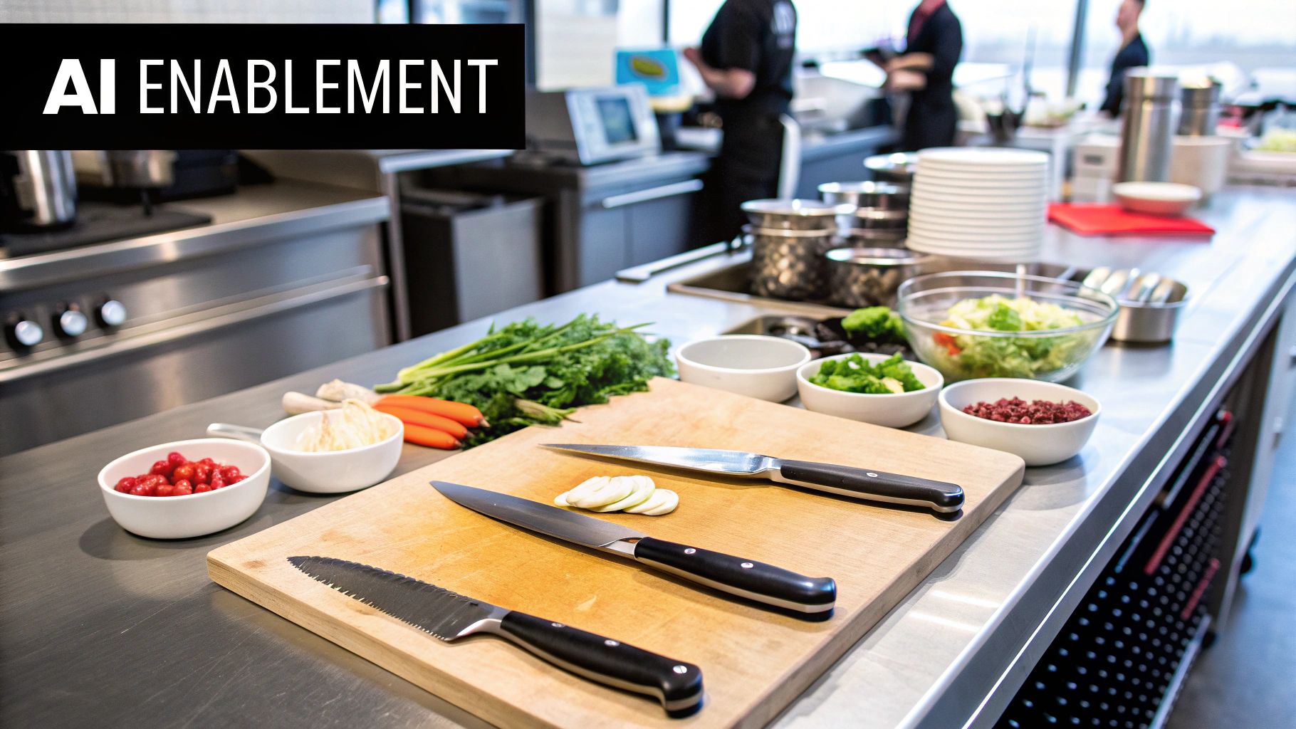 A team collaborating around a computer screen with data visualizations, representing the process of AI enablement.