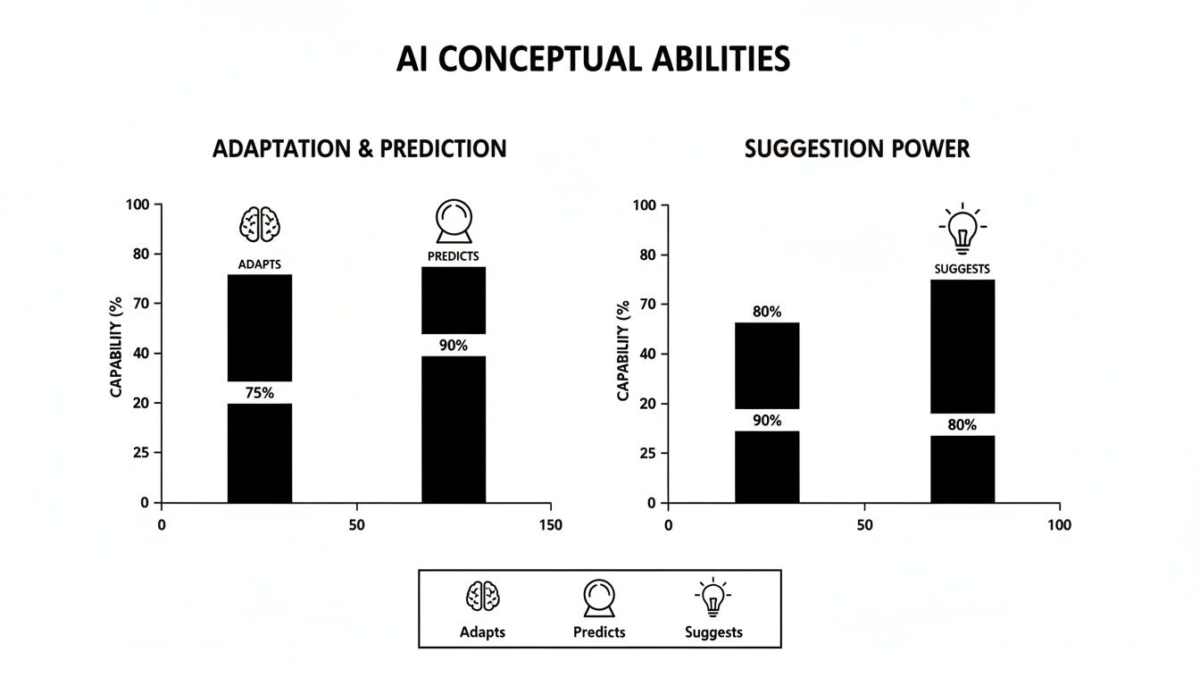 Bar charts showing AI's conceptual abilities: adaptation (75%), prediction (90%), and suggestion (80%).