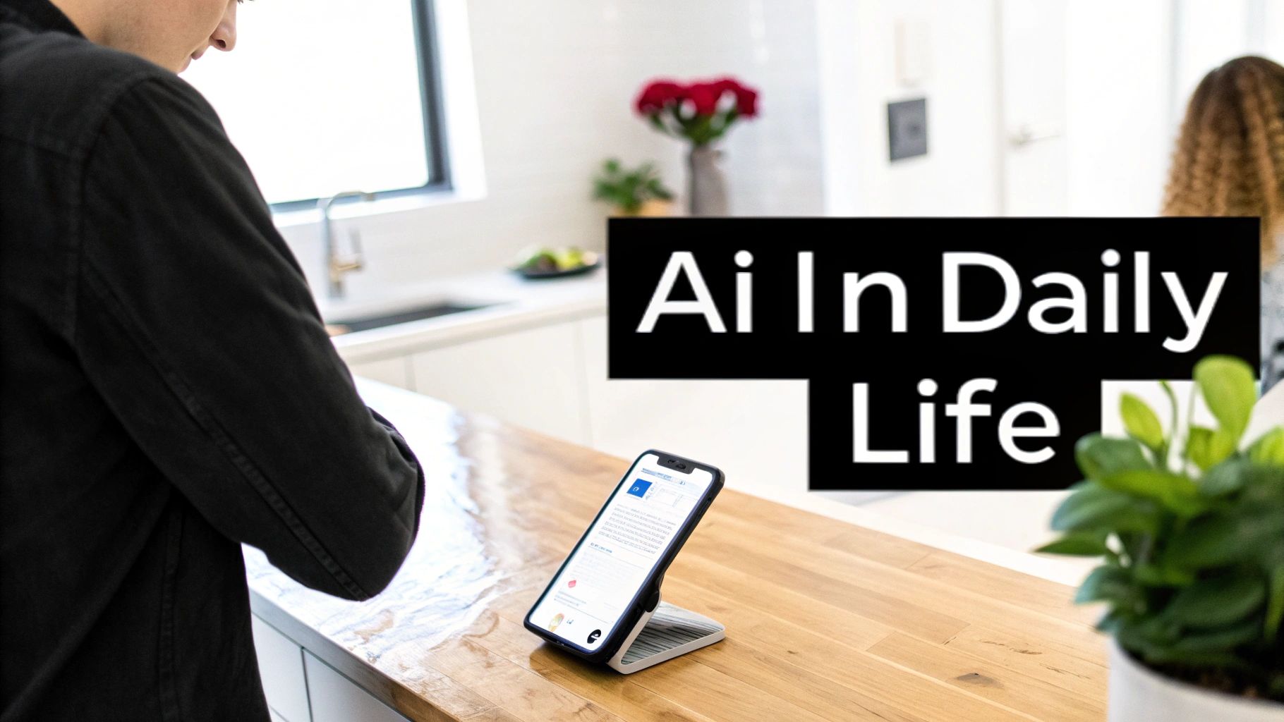 A person stands at a kitchen counter with a phone on a stand, displaying "AI In Daily Life".