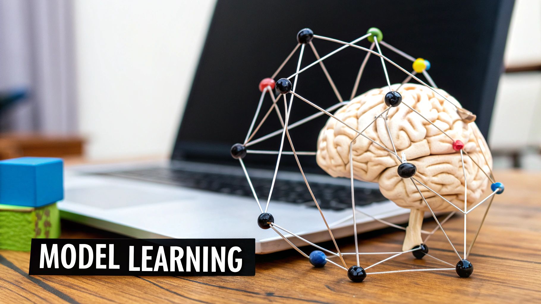 A human brain model intertwined with a neural network structure, next to a laptop, with 'MODEL LEARNING' text.
