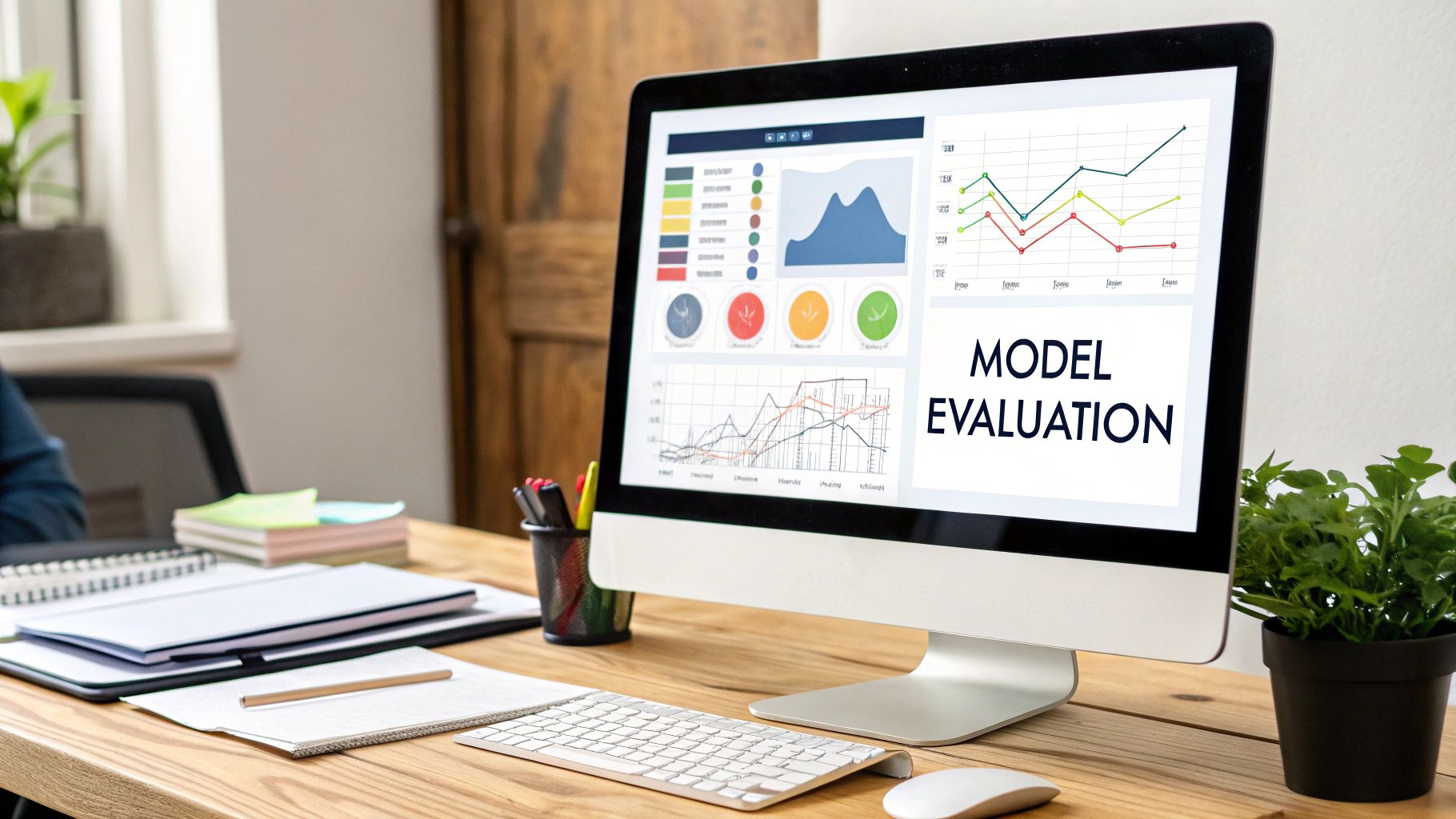 A magnifying glass hovering over a network of digital nodes, symbolizing the evaluation of an AI model.
