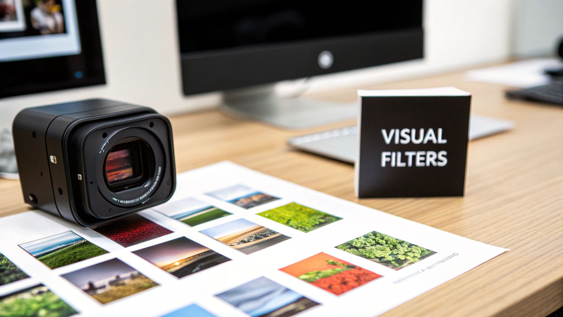 Professional camera with sensor visible next to visual filters reference sheet on wooden desk