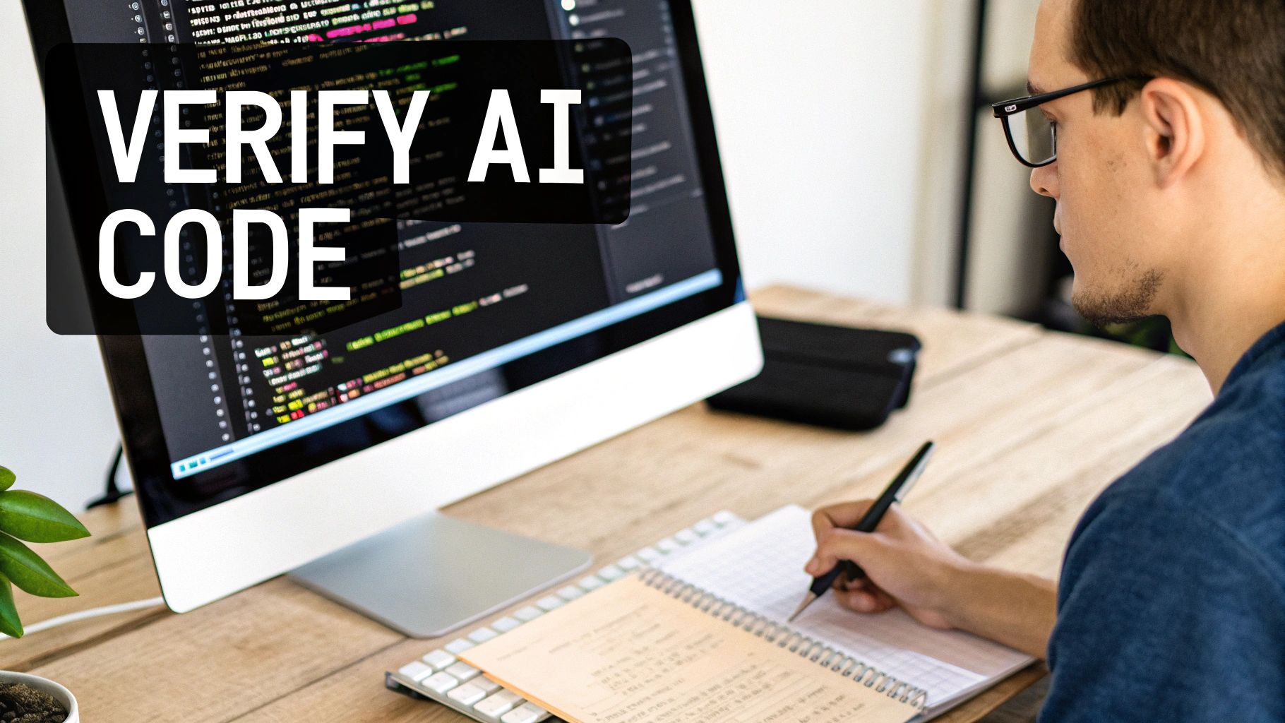 A developer critically reviewing AI-generated code on a monitor