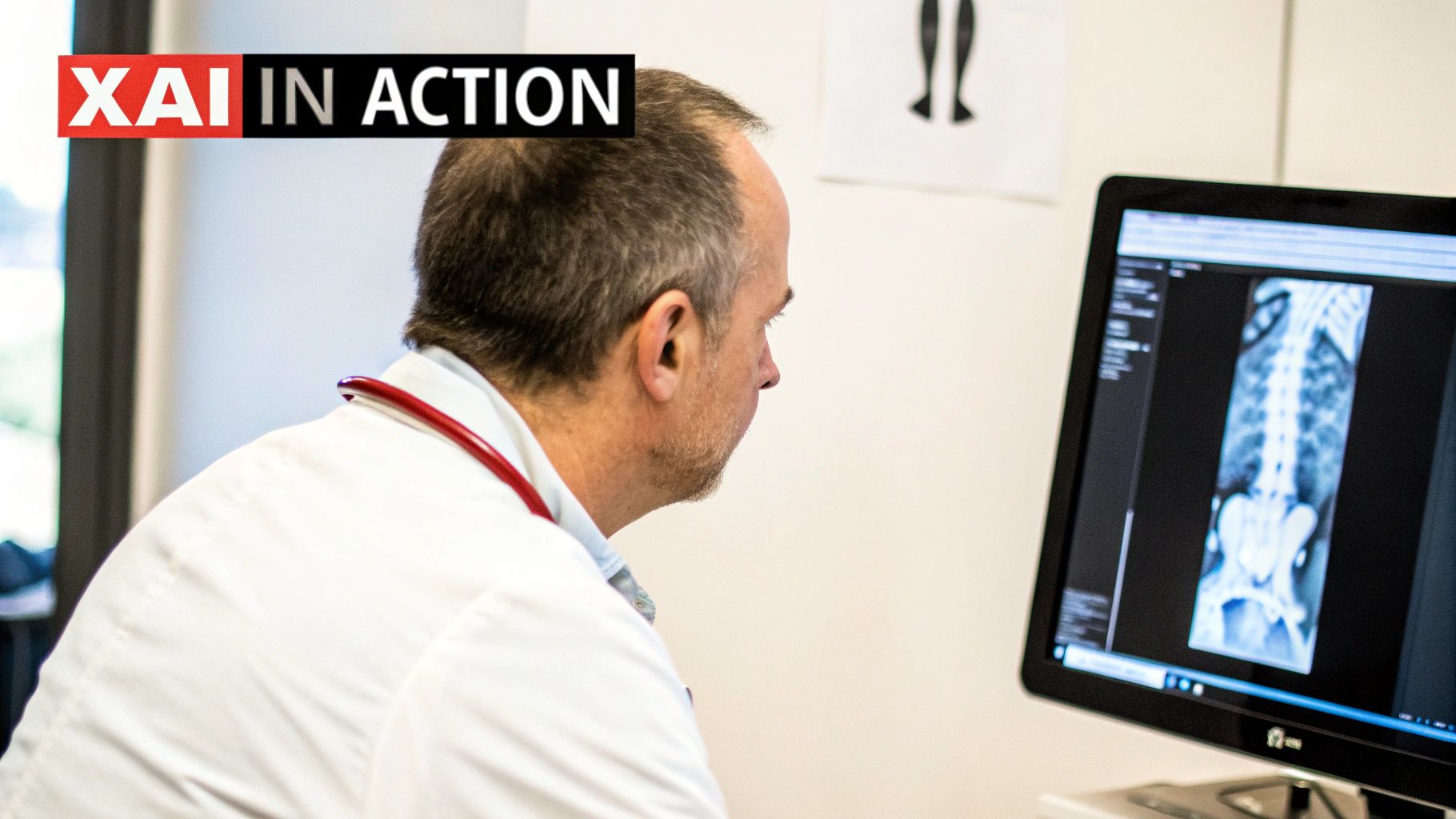 A doctor in a white coat examines an X-ray of a spine on a computer screen.