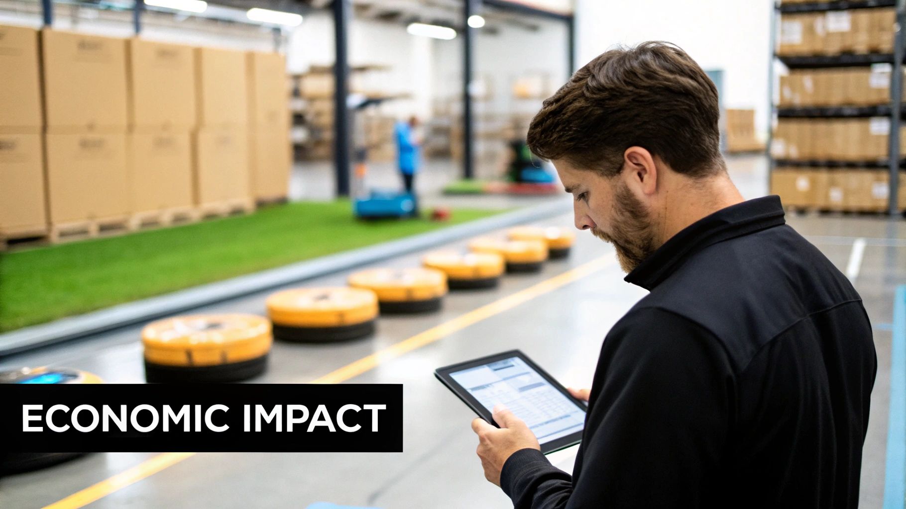 Man with a beard reviews data on a tablet in a modern warehouse with robots and stacked boxes.