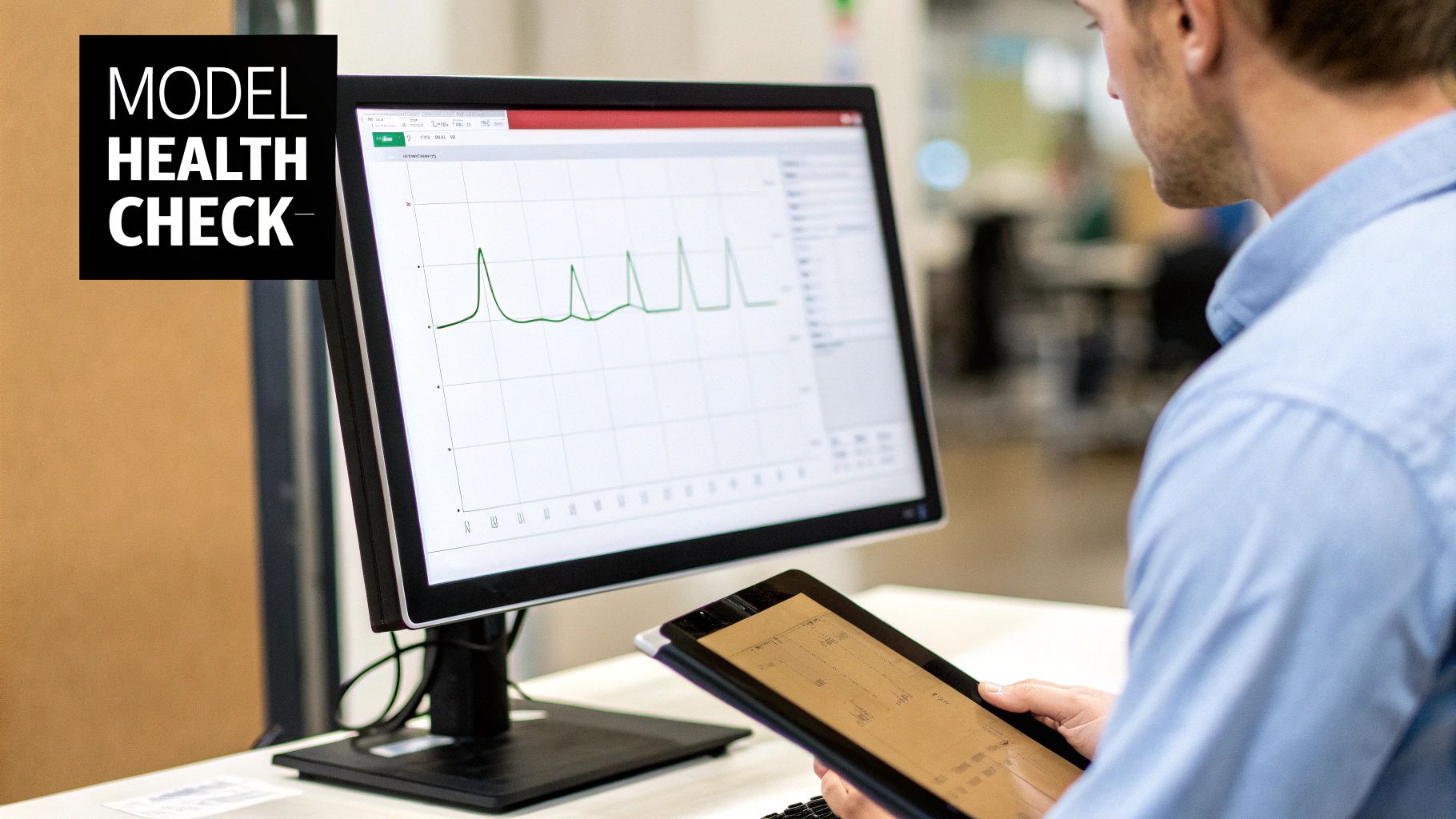 A digital dashboard showing healthy performance metrics for a machine learning model, with green checkmarks and stable graphs.