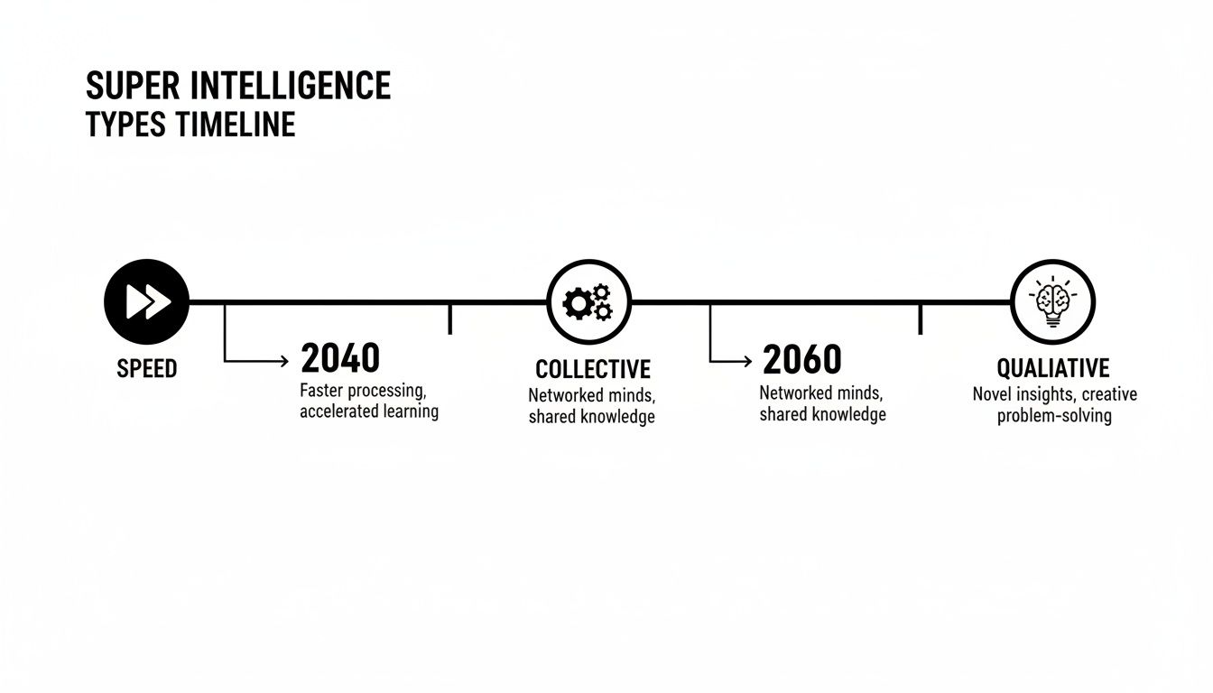 A timeline depicting the evolution of super intelligence types: Speed, Collective, and Qualitative, from 2040 to 2060.