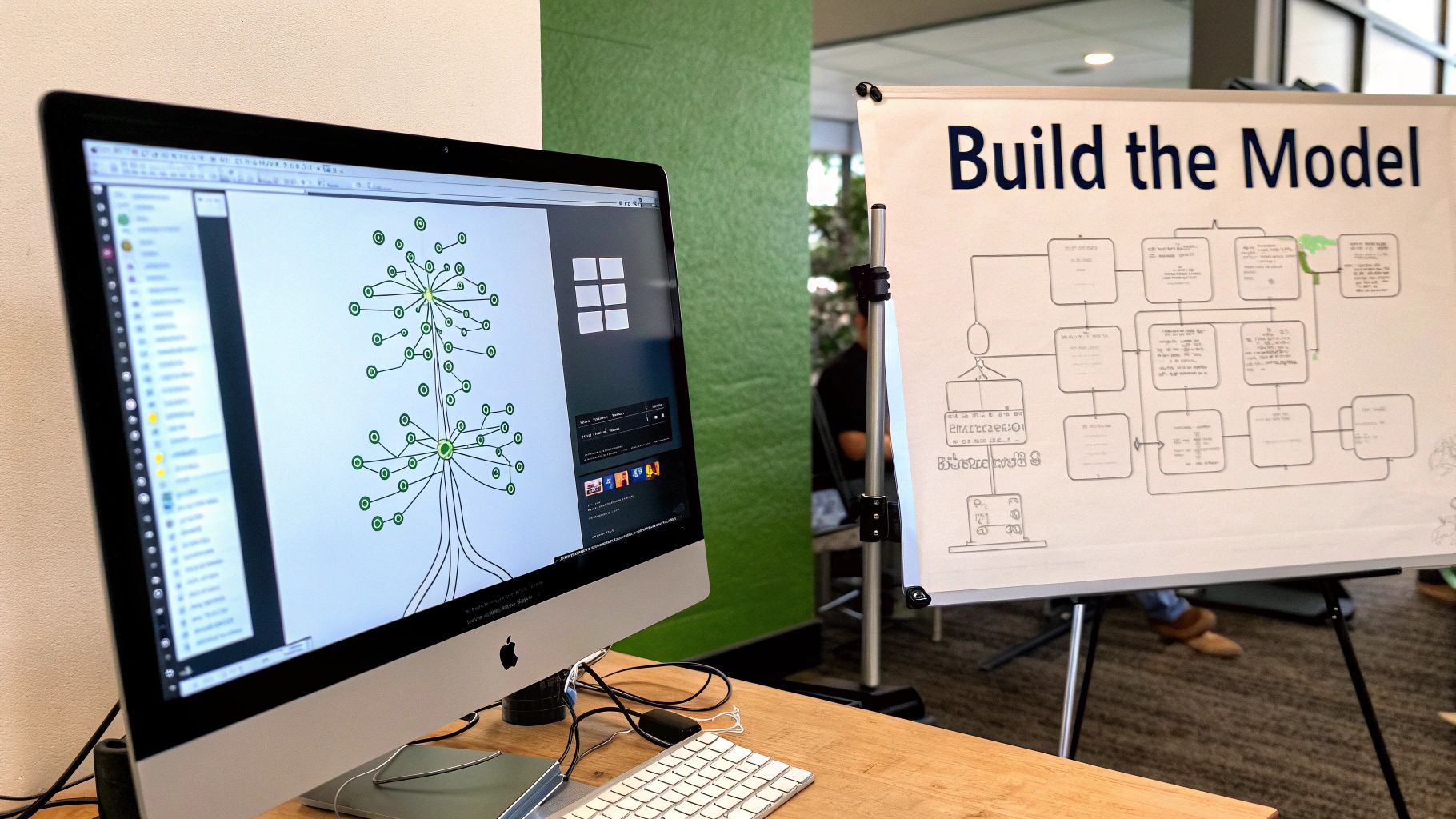 Computer screen displaying neural network diagram with connected nodes beside whiteboard showing model building flowchart