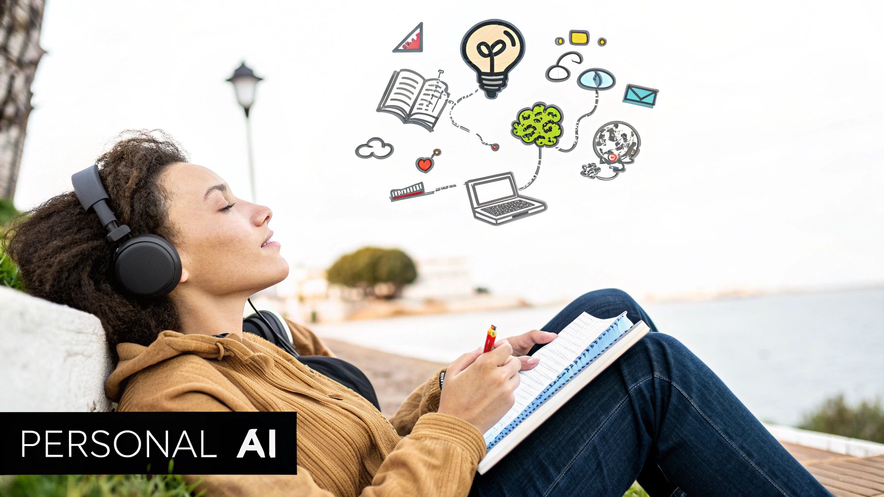 A woman with headphones, eyes closed, surrounded by floating illustrations representing ideas and technology.