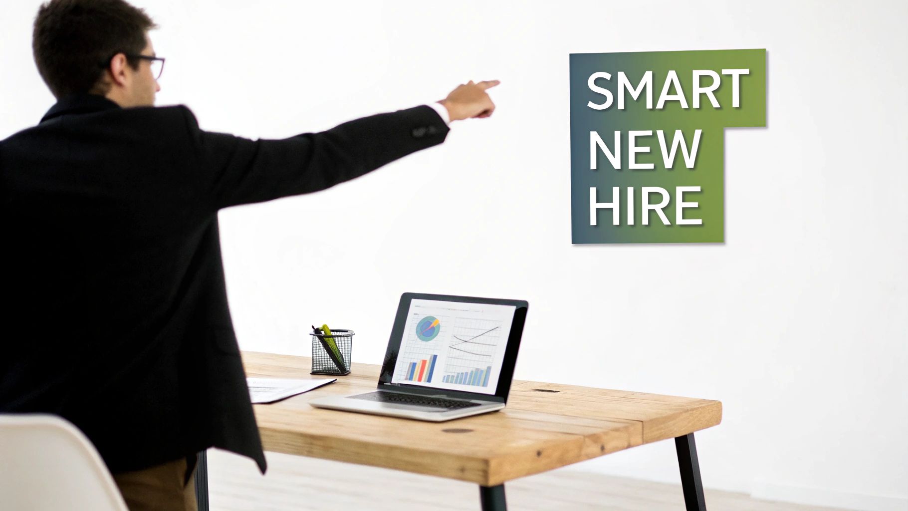 Business professional presenting smart new hire concept with laptop displaying analytics charts on wooden desk