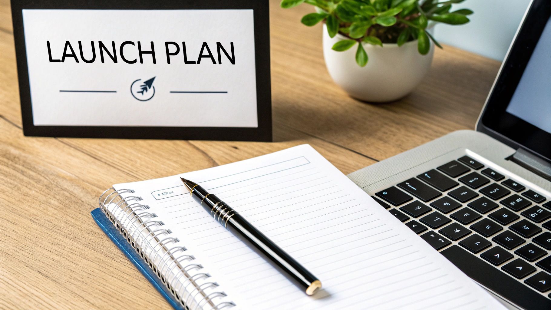 A wooden desk setup with a 'LAUNCH PLAN' sign, open notebook, pen, and laptop for business planning.