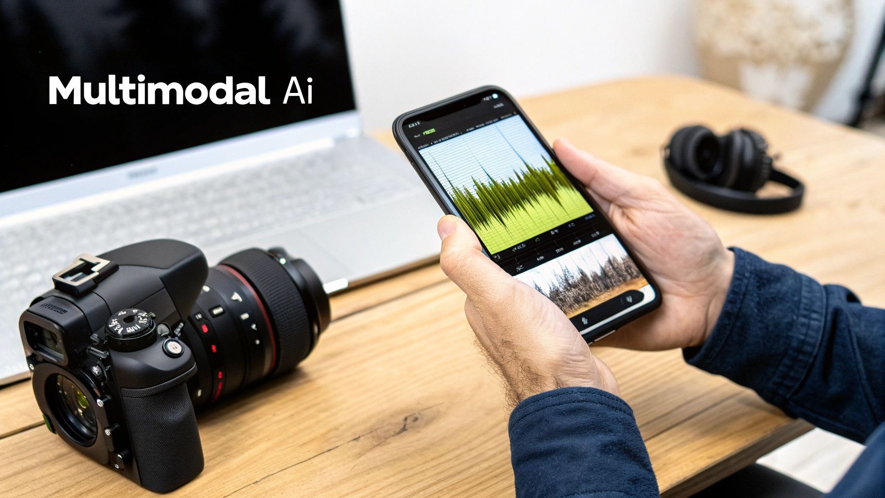 A person interacts with a smartphone showing data and images, alongside a camera, laptop, and "Multimodal Ai" text.