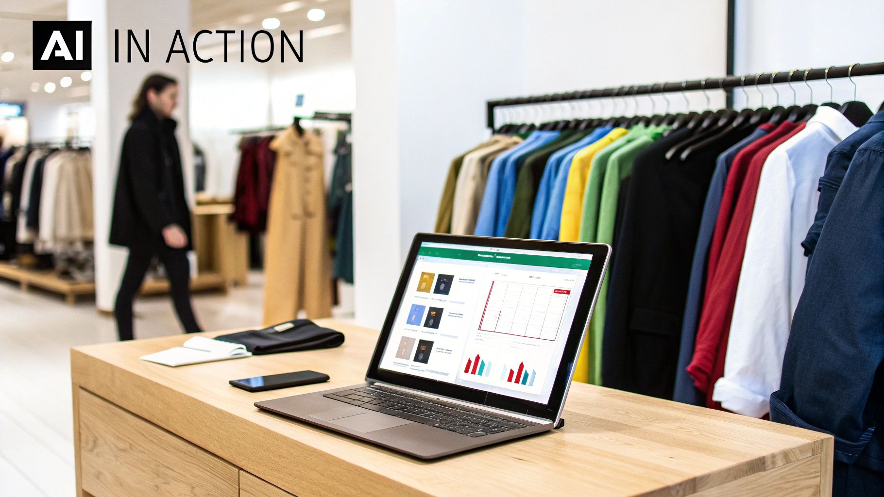 AI inventory management software on a laptop in a modern clothing store with racks of clothes.