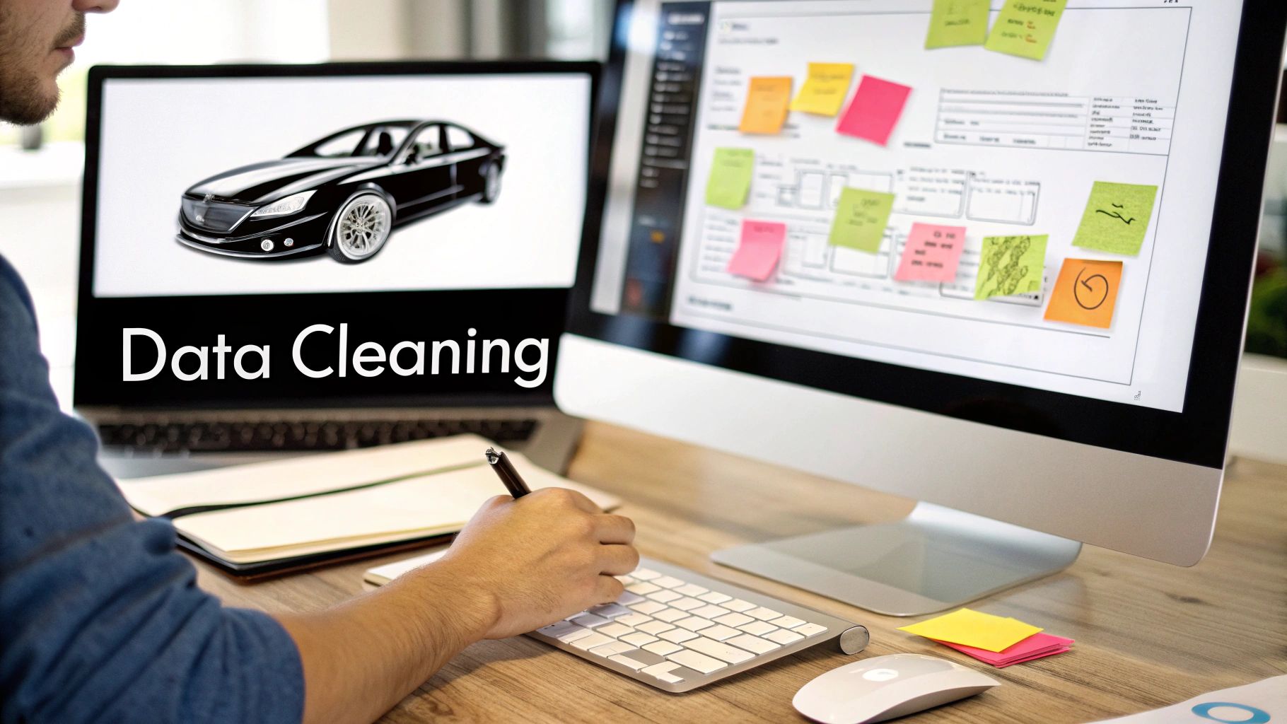 A person works on a laptop displaying 'Data Cleaning' and a desktop screen with data diagrams.