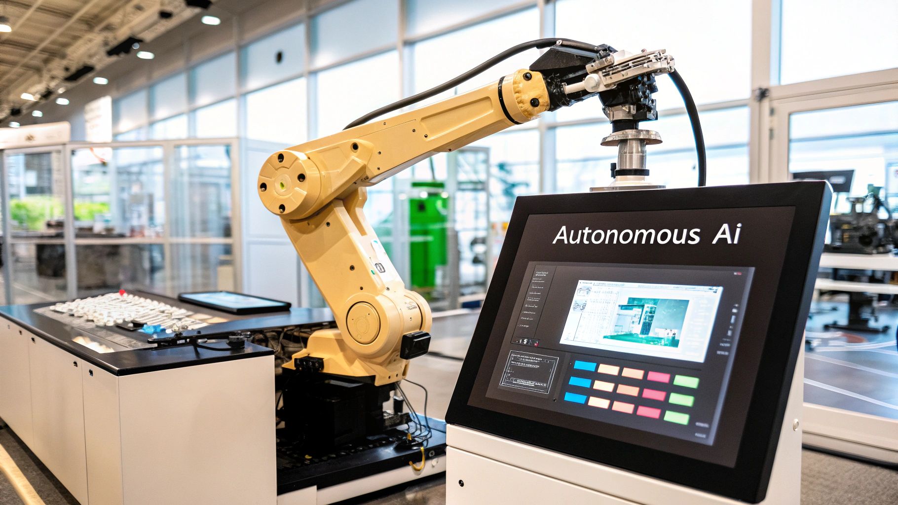 An illustration depicting an AI agent as a central hub connected to various tools and APIs, symbolizing its ability to perform complex, multi-step tasks autonomously.