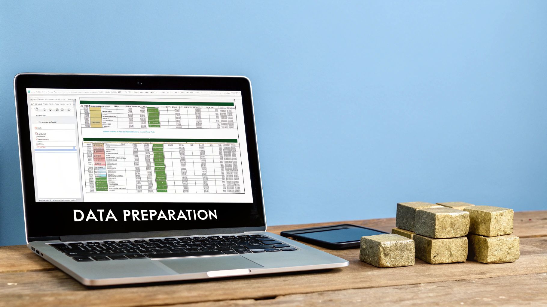 A laptop screen displays a data preparation spreadsheet with text, next to a smartphone and gold blocks.