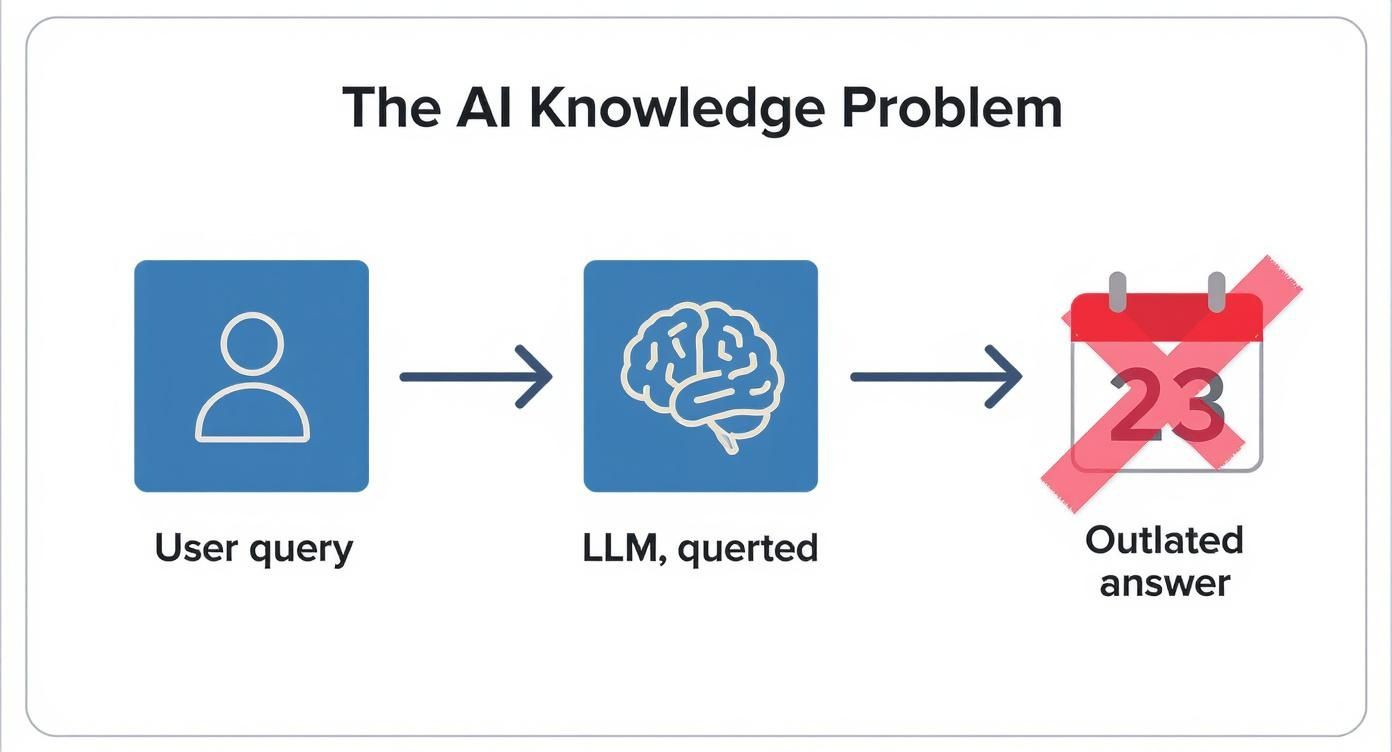 Diagram illustrating the AI knowledge problem: a user query to an LLM results in an outdated answer.